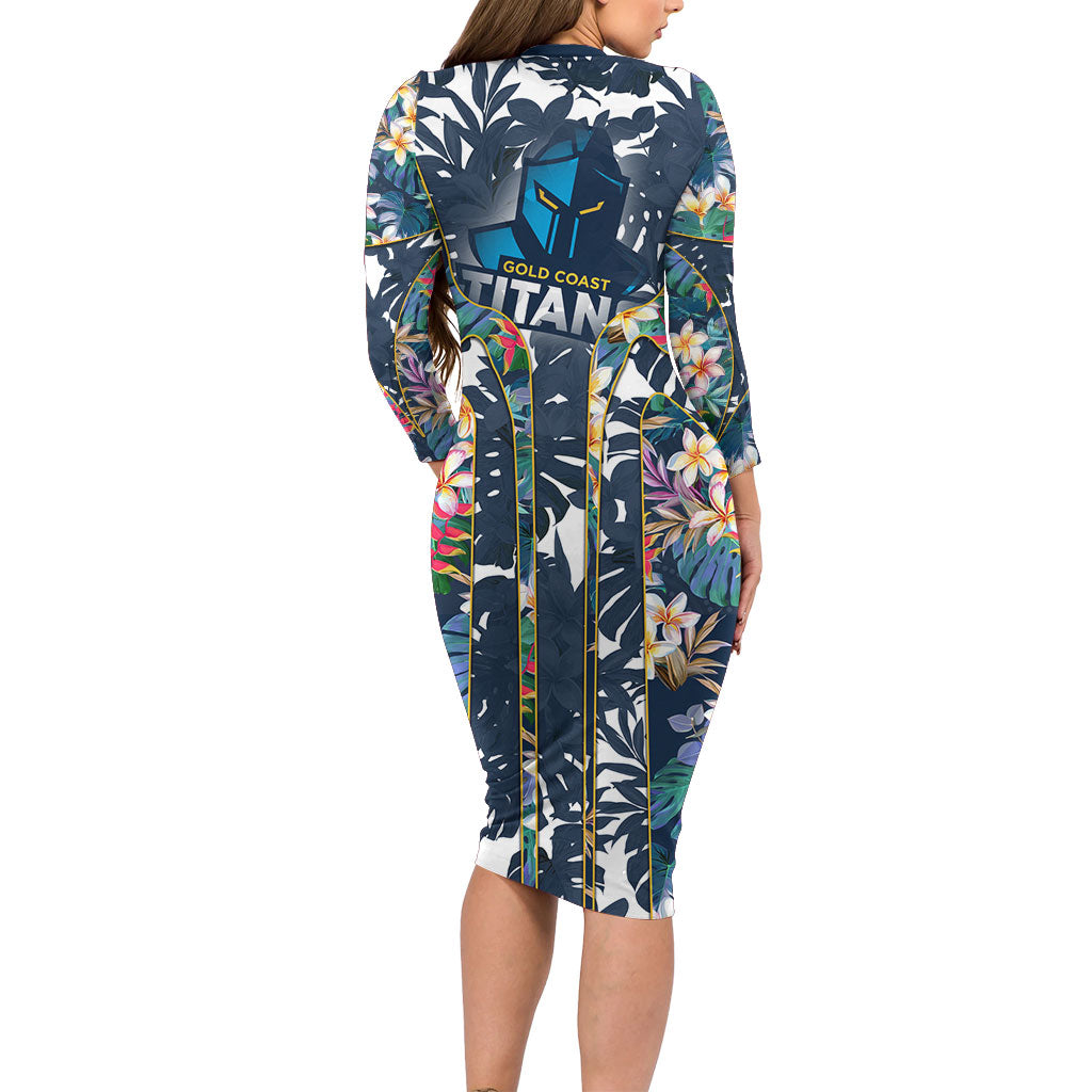 Gold Coast Titans Long Sleeve Bodycon Dress Tropical Hibiscus Floral Pattern With Blue And Yellow Accents