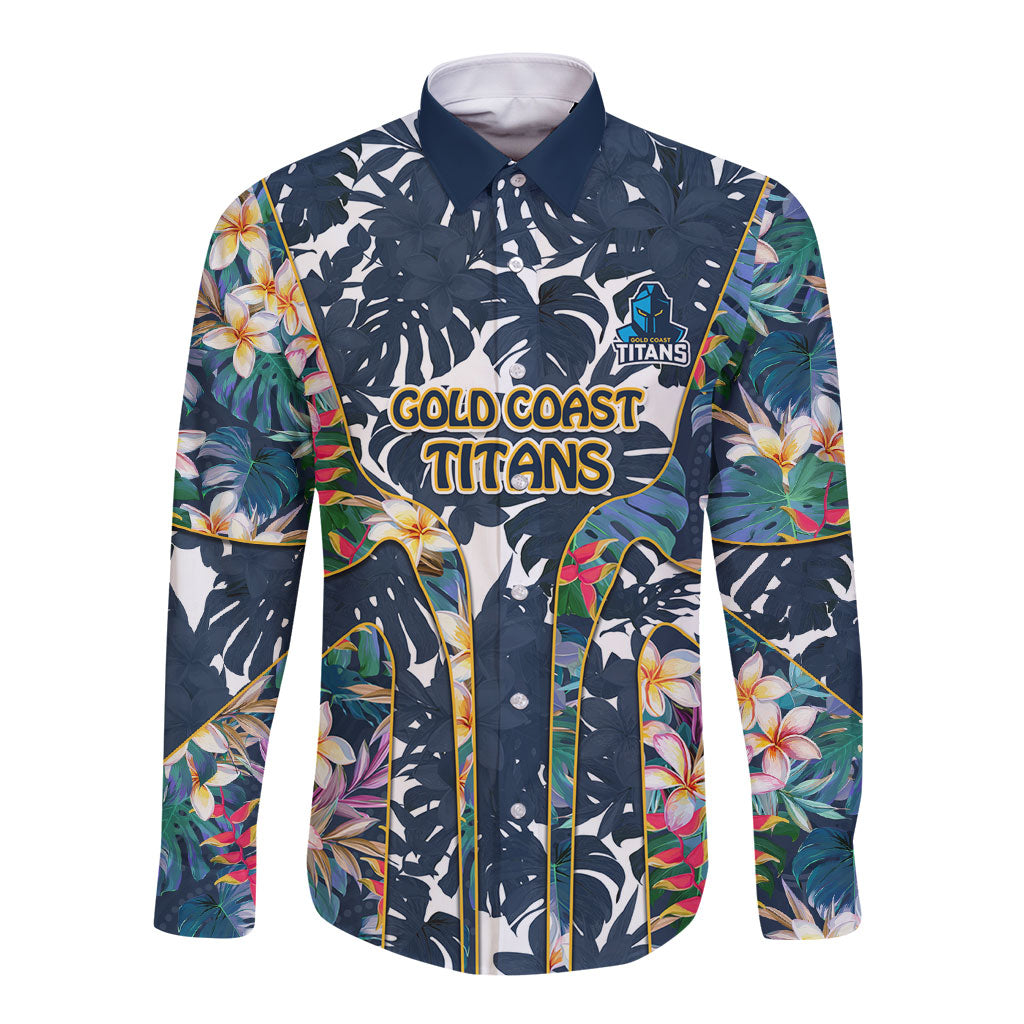 Gold Coast Titans Long Sleeve Button Shirt Tropical Hibiscus Floral Pattern With Blue And Yellow Accents