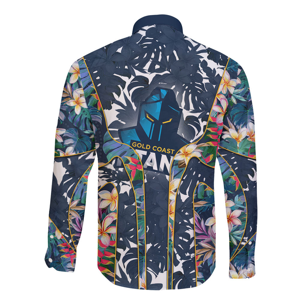 Gold Coast Titans Long Sleeve Button Shirt Tropical Hibiscus Floral Pattern With Blue And Yellow Accents