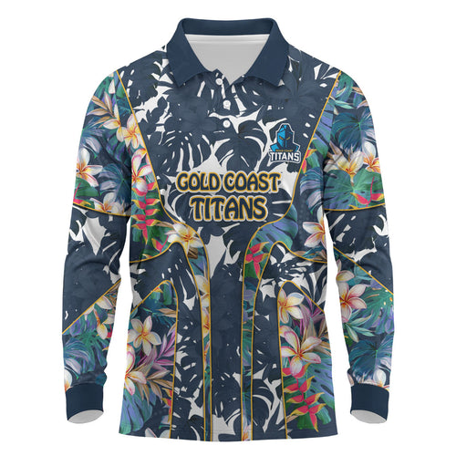 Gold Coast Titans Long Sleeve Polo Shirt Tropical Hibiscus Floral Pattern With Blue And Yellow Accents