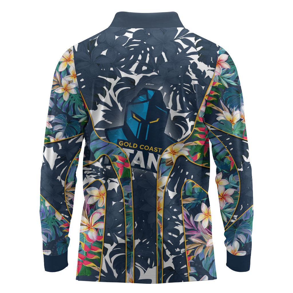 Gold Coast Titans Long Sleeve Polo Shirt Tropical Hibiscus Floral Pattern With Blue And Yellow Accents