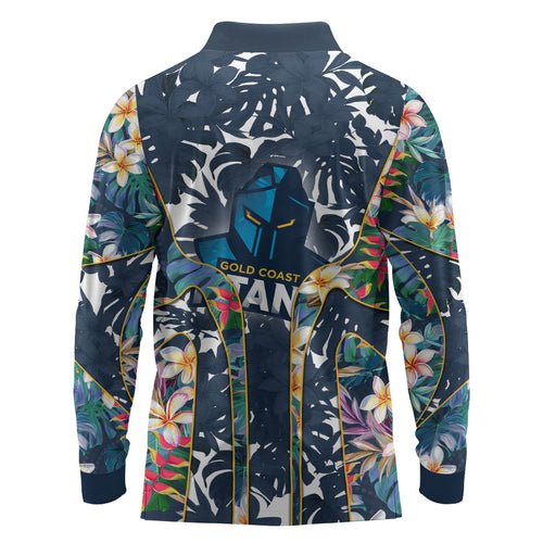 Gold Coast Titans Long Sleeve Polo Shirt Tropical Hibiscus Floral Pattern With Blue And Yellow Accents
