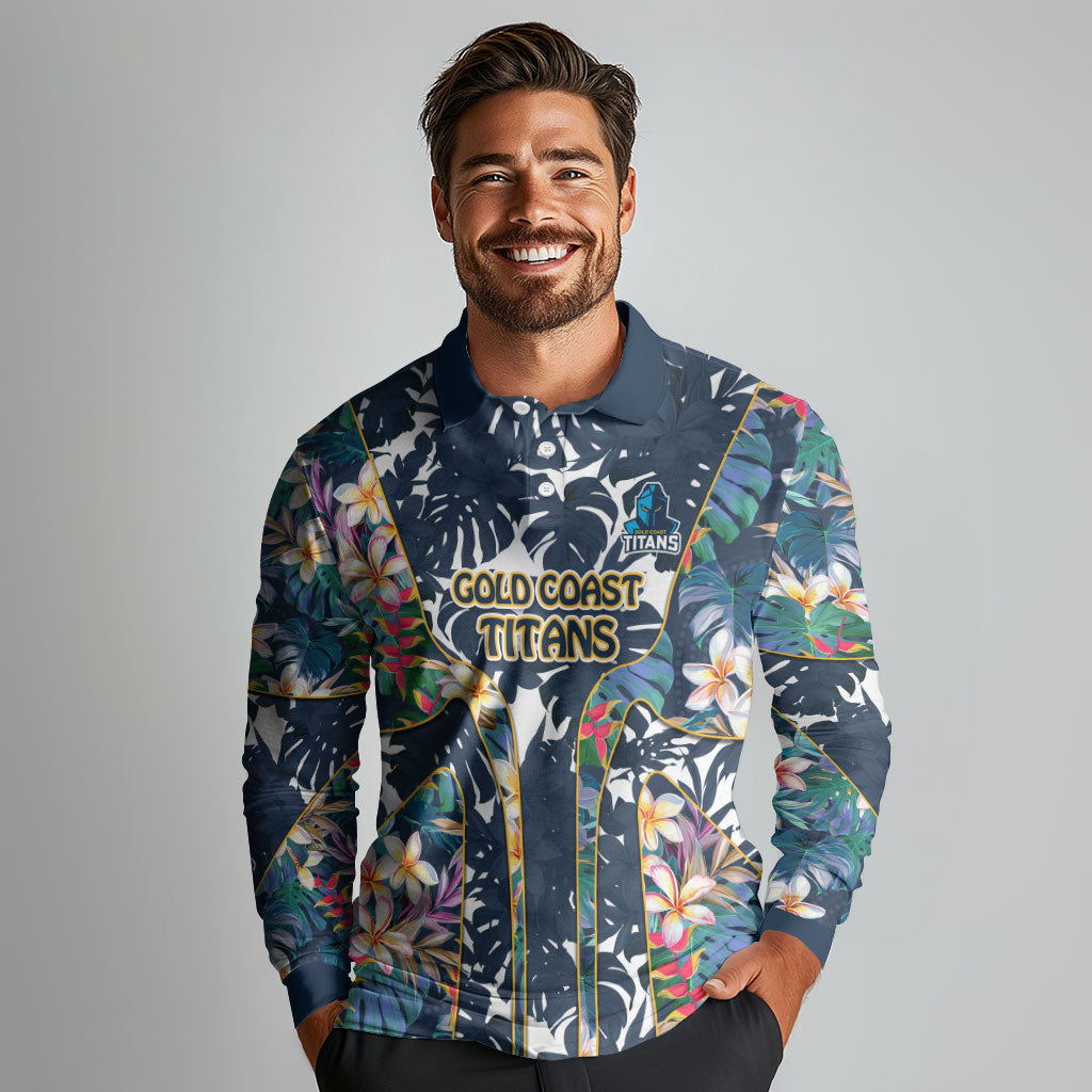 Gold Coast Titans Long Sleeve Polo Shirt Tropical Hibiscus Floral Pattern With Blue And Yellow Accents