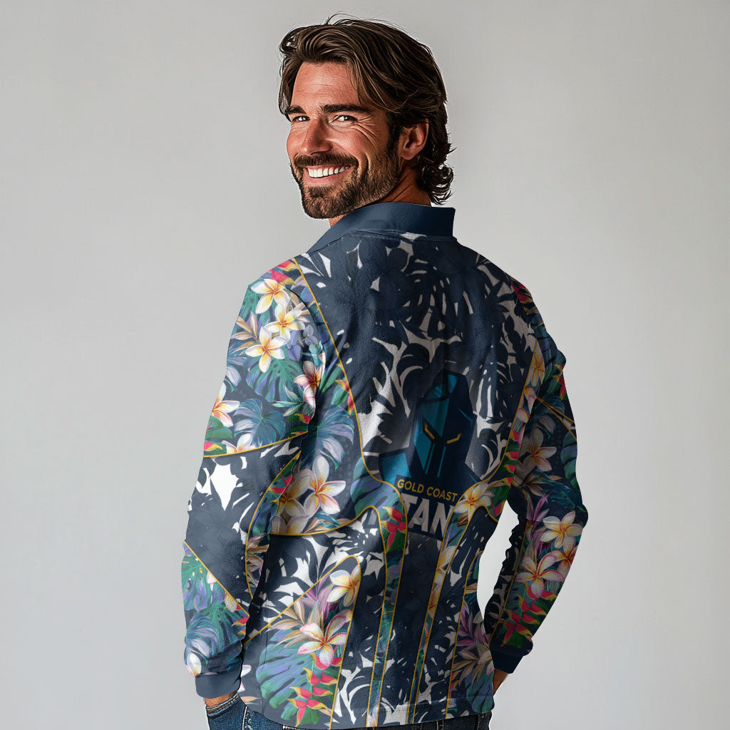 Gold Coast Titans Long Sleeve Polo Shirt Tropical Hibiscus Floral Pattern With Blue And Yellow Accents