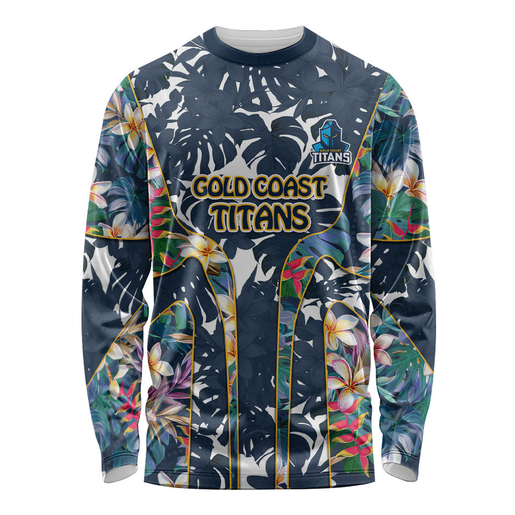 Gold Coast Titans Long Sleeve Shirt Tropical Hibiscus Floral Pattern With Blue And Yellow Accents