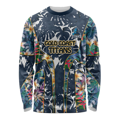 Gold Coast Titans Long Sleeve Shirt Tropical Hibiscus Floral Pattern With Blue And Yellow Accents
