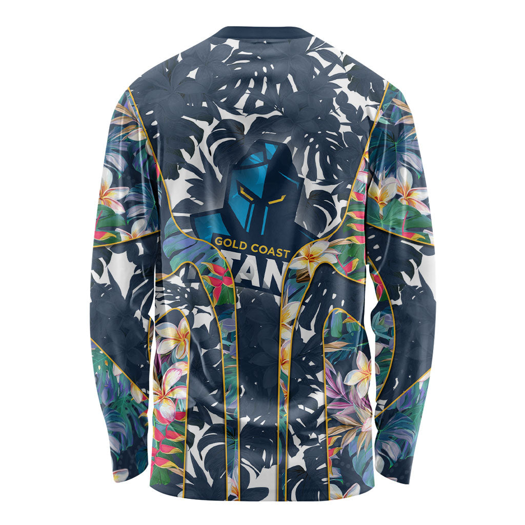 Gold Coast Titans Long Sleeve Shirt Tropical Hibiscus Floral Pattern With Blue And Yellow Accents