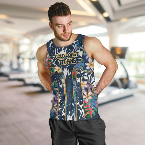 Gold Coast Titans Men Tank Top Tropical Hibiscus Floral Pattern With Blue And Yellow Accents