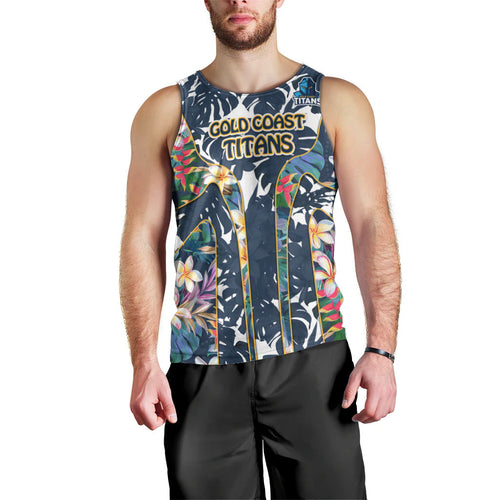 Gold Coast Titans Men Tank Top Tropical Hibiscus Floral Pattern With Blue And Yellow Accents