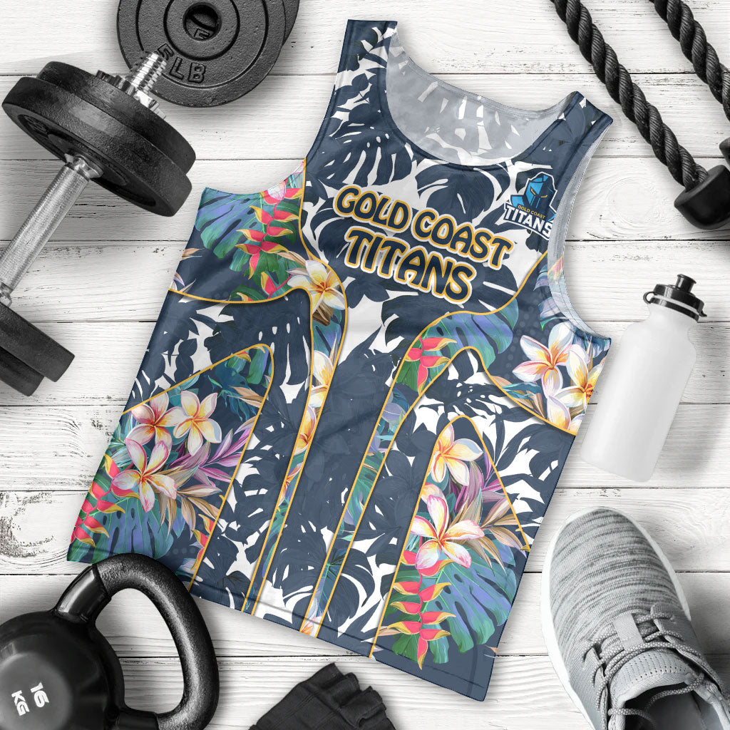 Gold Coast Titans Men Tank Top Tropical Hibiscus Floral Pattern With Blue And Yellow Accents