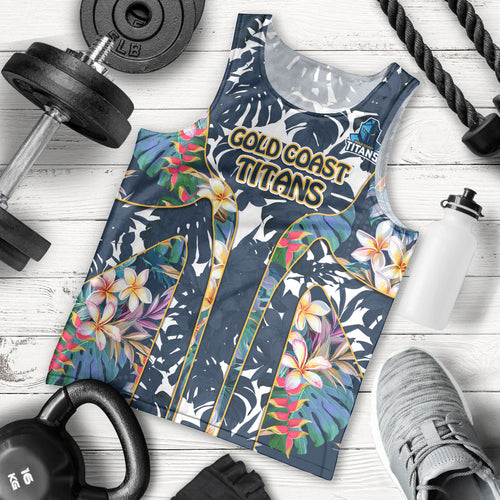 Gold Coast Titans Men Tank Top Tropical Hibiscus Floral Pattern With Blue And Yellow Accents