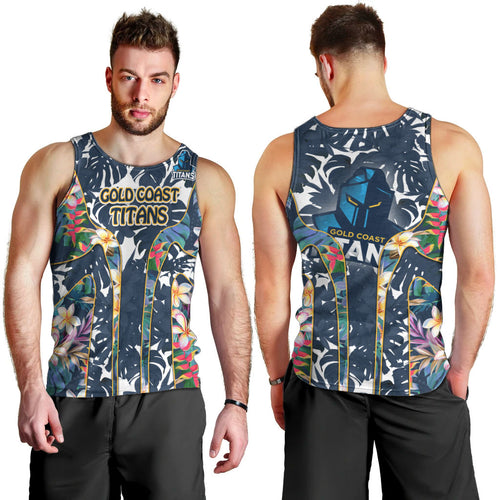 Gold Coast Titans Men Tank Top Tropical Hibiscus Floral Pattern With Blue And Yellow Accents