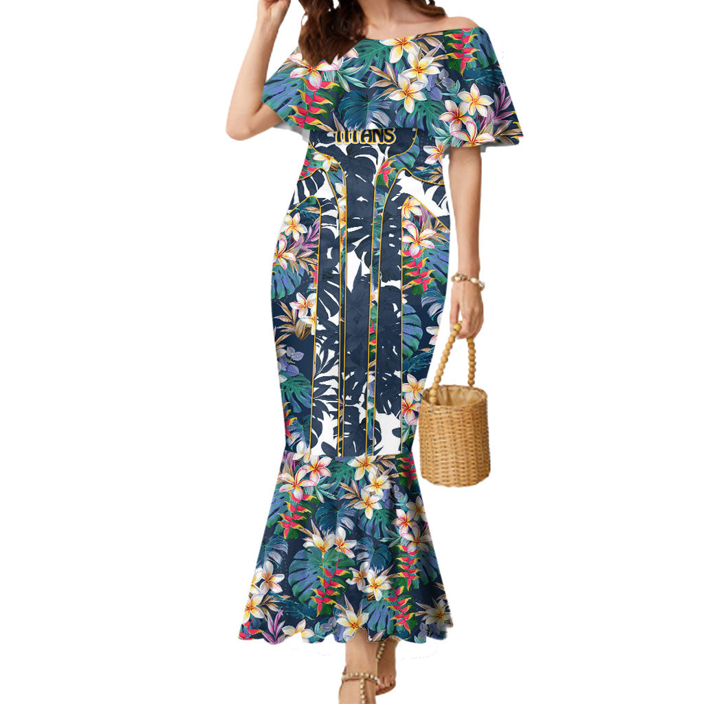 Gold Coast Titans Mermaid Dress Tropical Hibiscus Floral Pattern With Blue And Yellow Accents