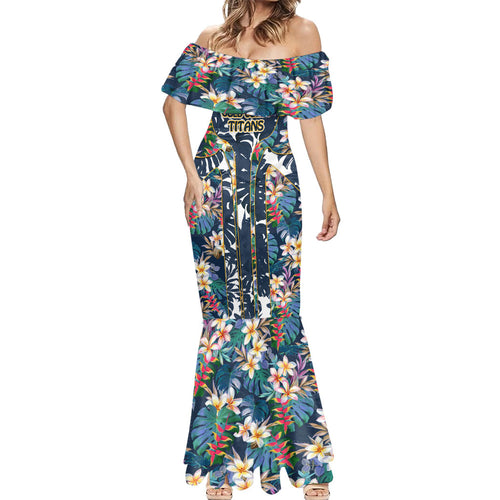 Gold Coast Titans Mermaid Dress Tropical Hibiscus Floral Pattern With Blue And Yellow Accents