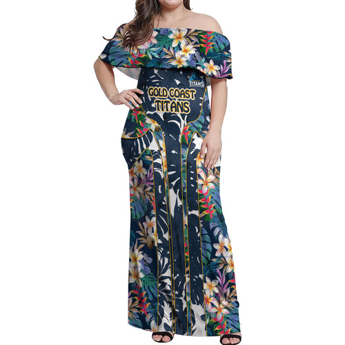 Gold Coast Titans Off Shoulder Maxi Dress Tropical Hibiscus Floral Pattern With Blue And Yellow Accents