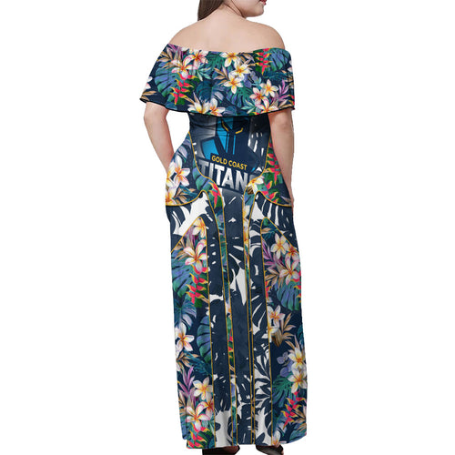 Gold Coast Titans Off Shoulder Maxi Dress Tropical Hibiscus Floral Pattern With Blue And Yellow Accents