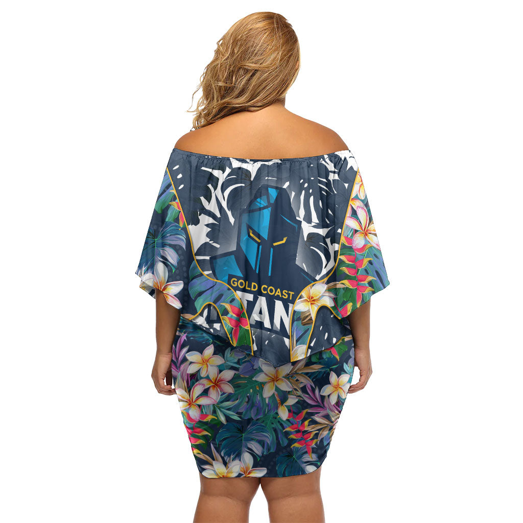 Gold Coast Titans Off Shoulder Short Dress Tropical Hibiscus Floral Pattern With Blue And Yellow Accents