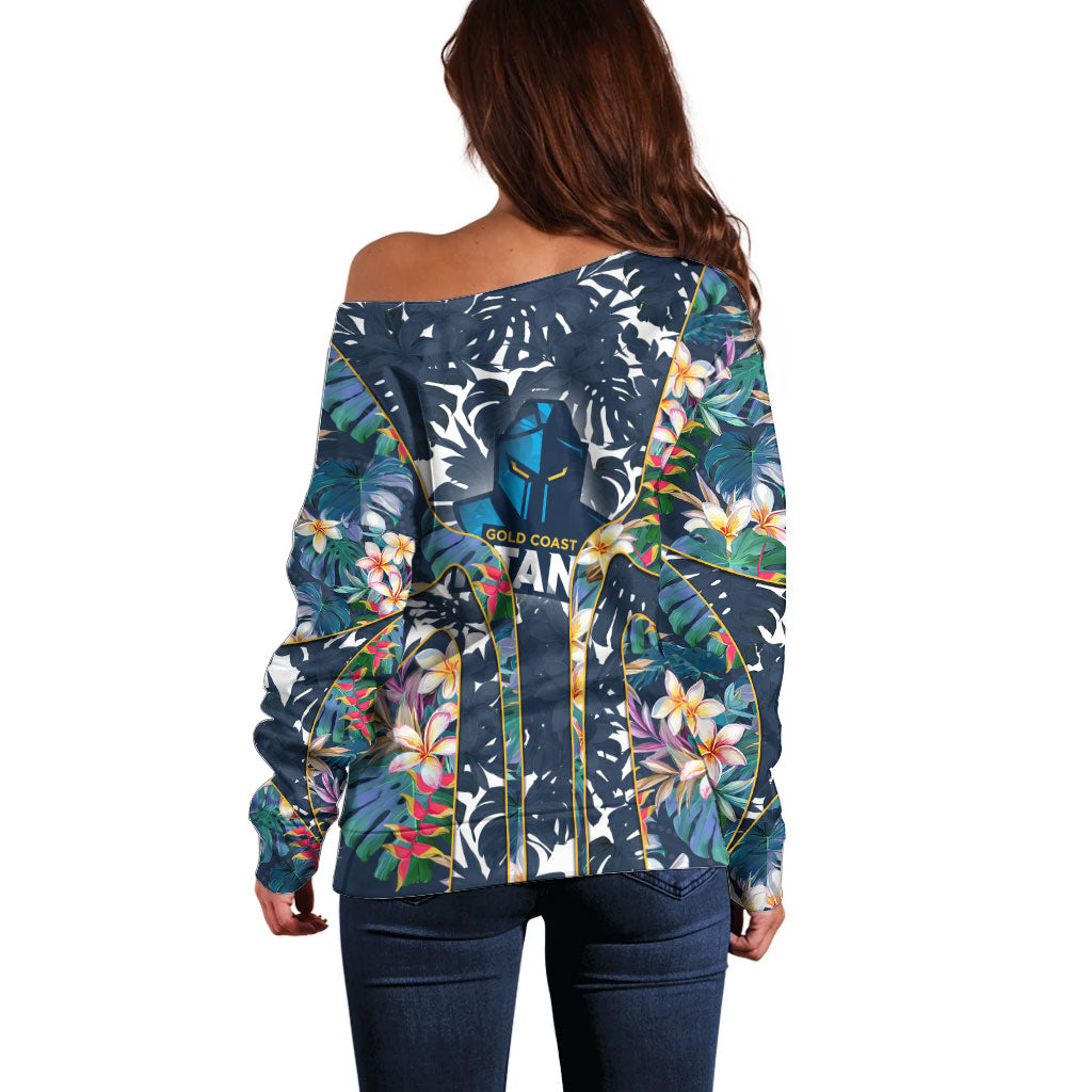 Gold Coast Titans Off Shoulder Sweater Tropical Hibiscus Floral Pattern With Blue And Yellow Accents