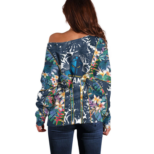 Gold Coast Titans Off Shoulder Sweater Tropical Hibiscus Floral Pattern With Blue And Yellow Accents