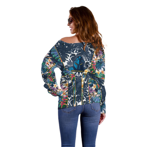 Gold Coast Titans Off Shoulder Sweater Tropical Hibiscus Floral Pattern With Blue And Yellow Accents