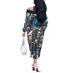 Gold Coast Titans Off The Shoulder Long Sleeve Dress Tropical Hibiscus Floral Pattern With Blue And Yellow Accents