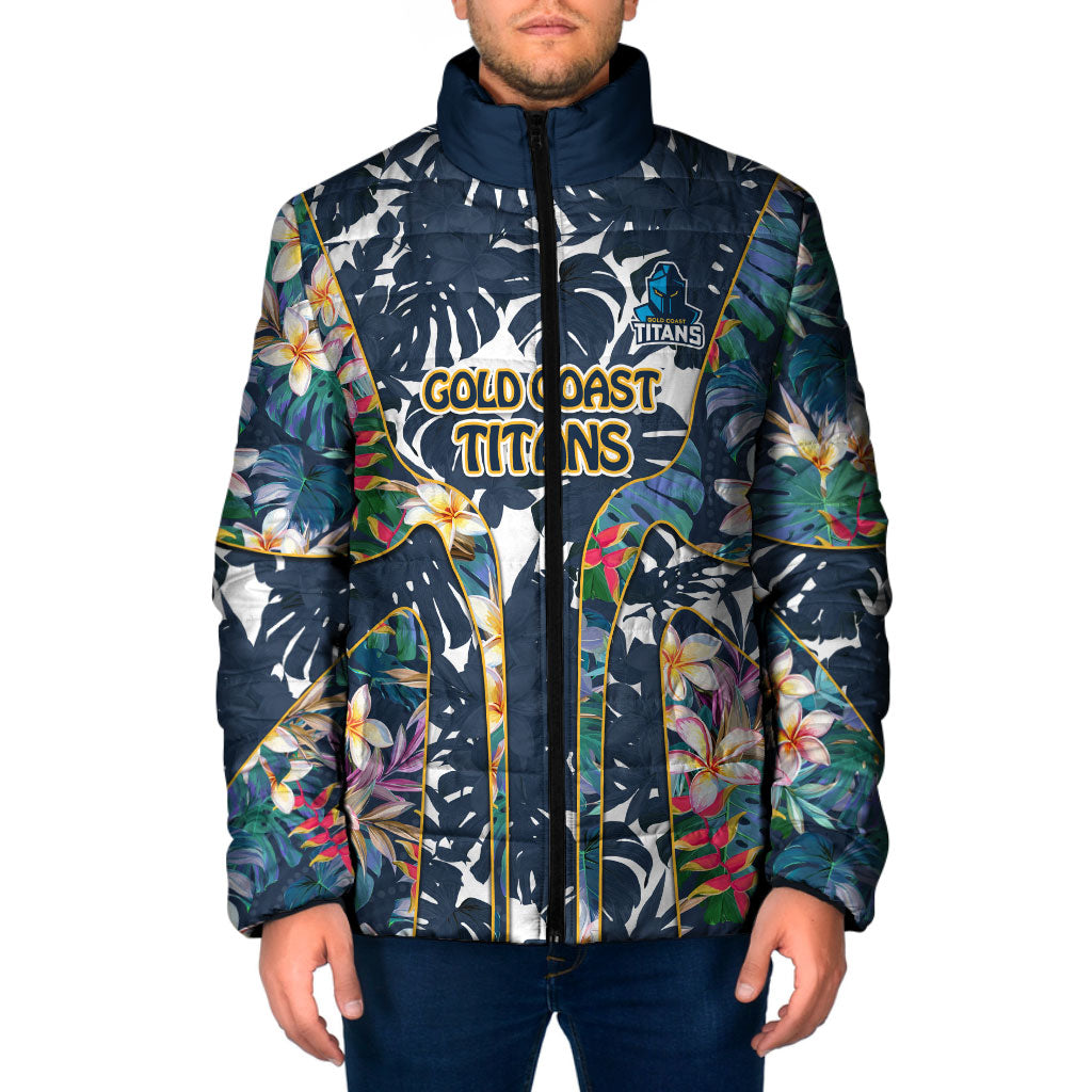 Gold Coast Titans Padded Jacket Tropical Hibiscus Floral Pattern With Blue And Yellow Accents