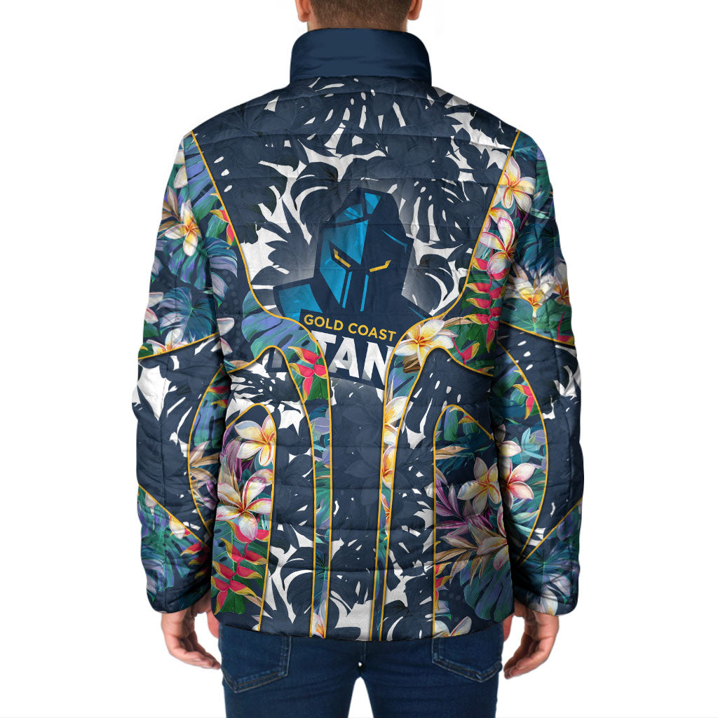 Gold Coast Titans Padded Jacket Tropical Hibiscus Floral Pattern With Blue And Yellow Accents