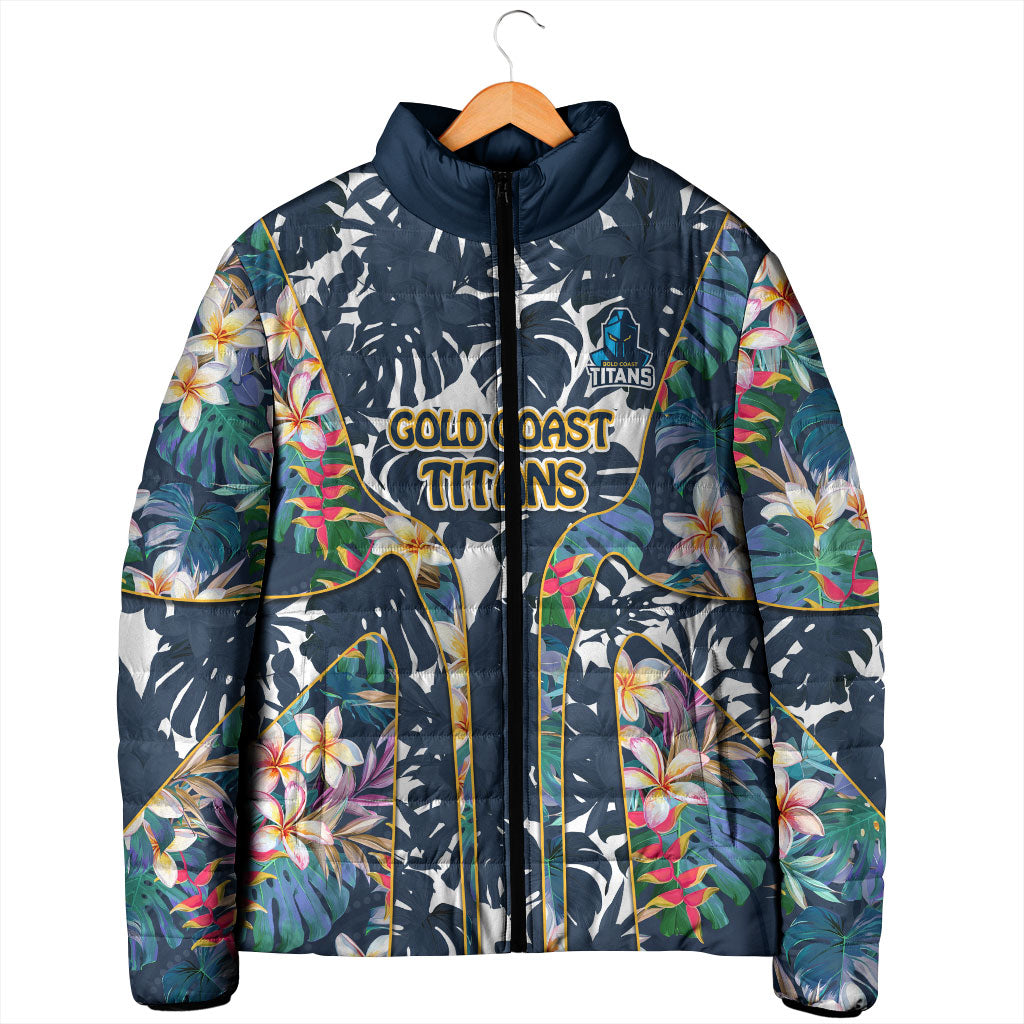 Gold Coast Titans Padded Jacket Tropical Hibiscus Floral Pattern With Blue And Yellow Accents