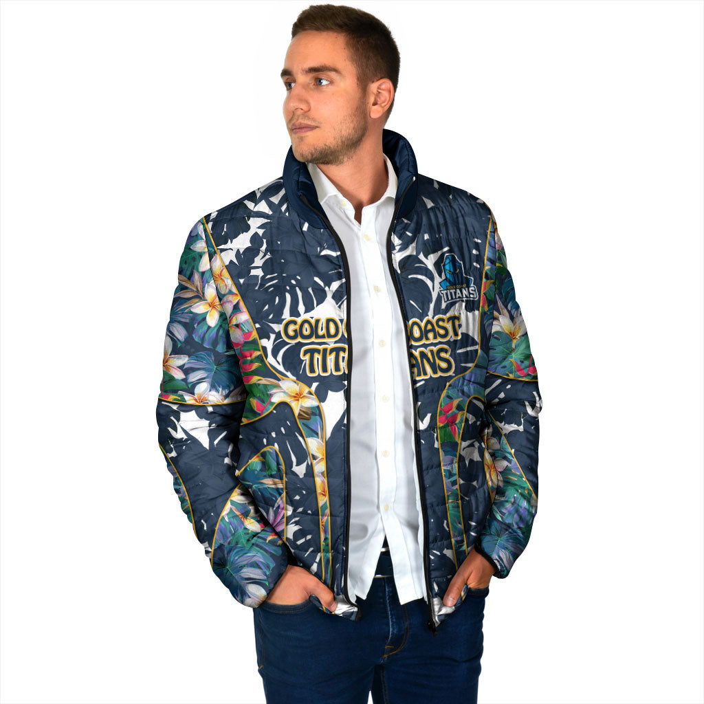 Gold Coast Titans Padded Jacket Tropical Hibiscus Floral Pattern With Blue And Yellow Accents
