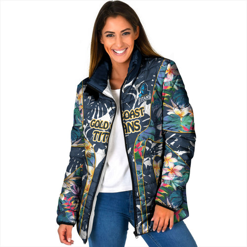 Gold Coast Titans Padded Jacket Tropical Hibiscus Floral Pattern With Blue And Yellow Accents