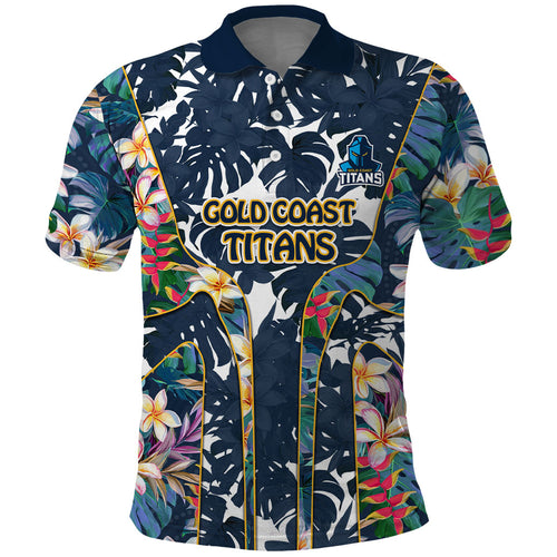 Gold Coast Titans Polo Shirt Tropical Hibiscus Floral Pattern With Blue And Yellow Accents
