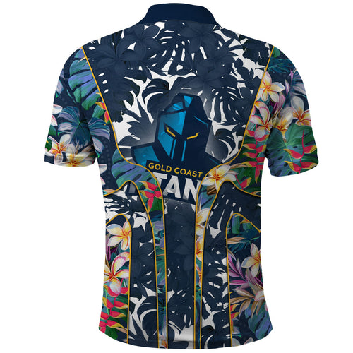 Gold Coast Titans Polo Shirt Tropical Hibiscus Floral Pattern With Blue And Yellow Accents