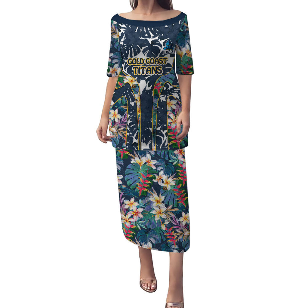 Gold Coast Titans Puletasi Tropical Hibiscus Floral Pattern With Blue And Yellow Accents