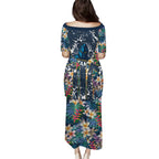 Gold Coast Titans Puletasi Tropical Hibiscus Floral Pattern With Blue And Yellow Accents