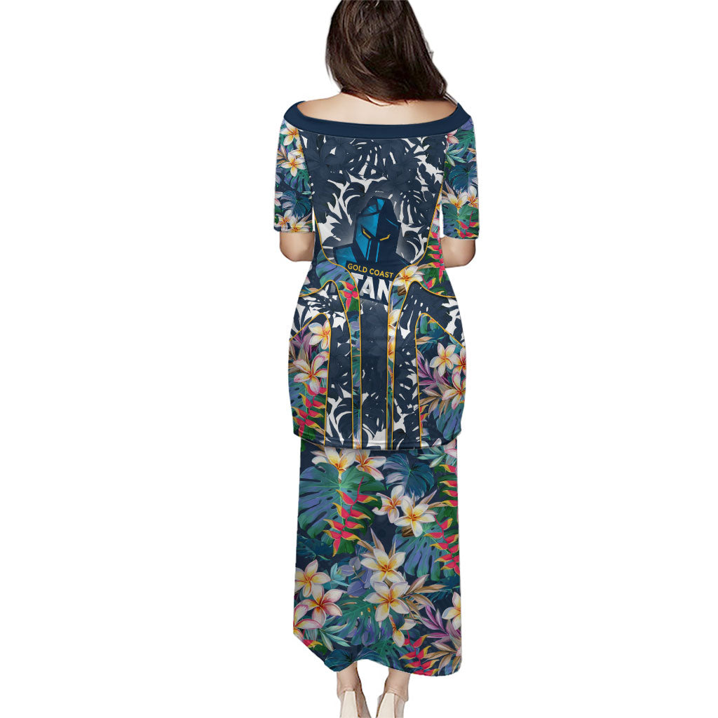 Gold Coast Titans Puletasi Tropical Hibiscus Floral Pattern With Blue And Yellow Accents