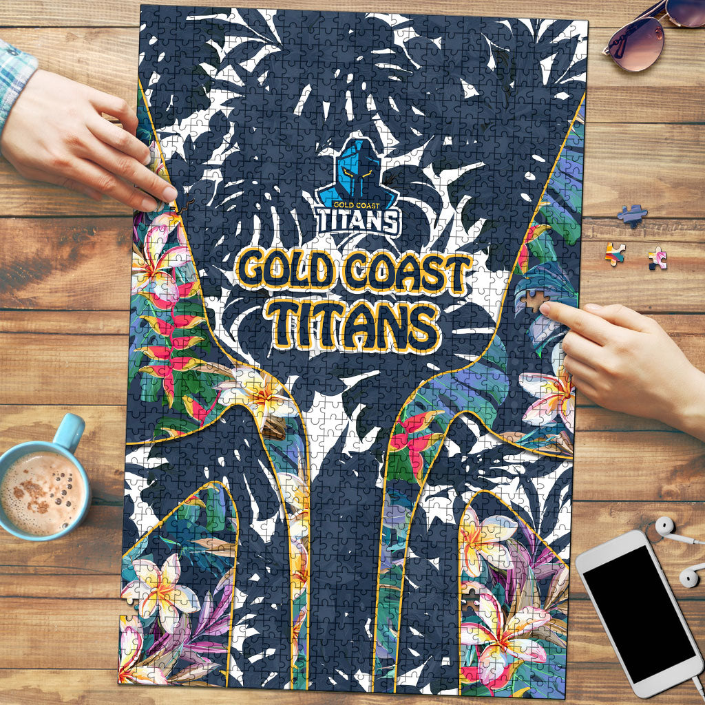 Gold Coast Titans Puzzle Tropical Hibiscus Floral Pattern With Blue And Yellow Accents