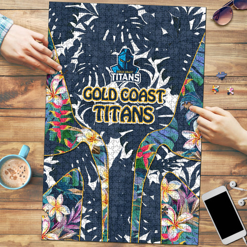 Gold Coast Titans Puzzle Tropical Hibiscus Floral Pattern With Blue And Yellow Accents