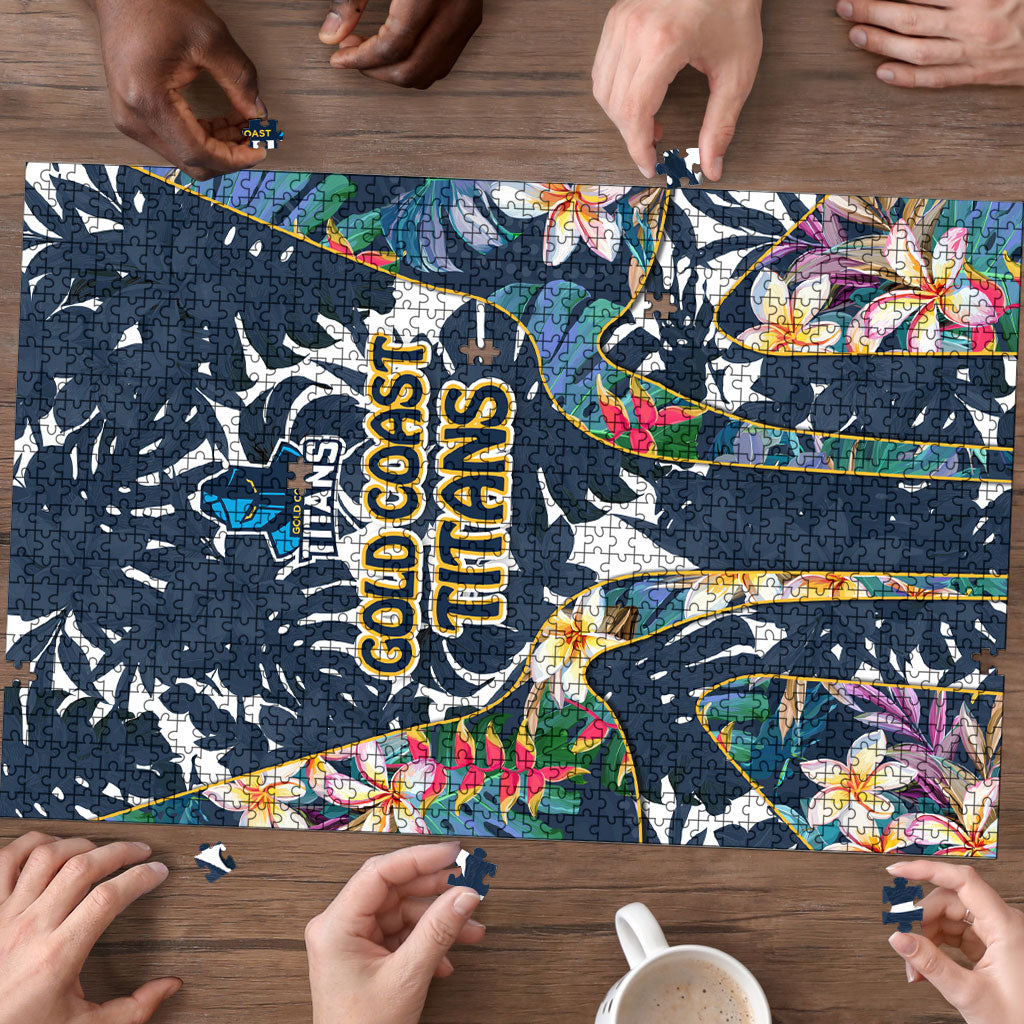 Gold Coast Titans Puzzle Tropical Hibiscus Floral Pattern With Blue And Yellow Accents