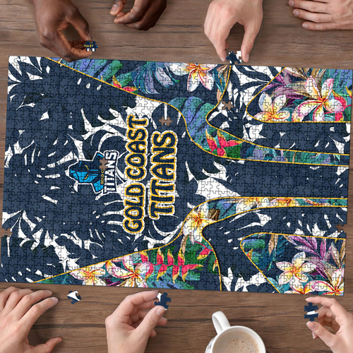 Gold Coast Titans Puzzle Tropical Hibiscus Floral Pattern With Blue And Yellow Accents