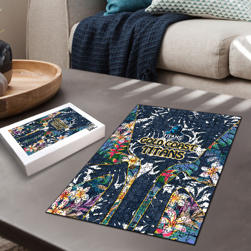 Gold Coast Titans Puzzle Tropical Hibiscus Floral Pattern With Blue And Yellow Accents