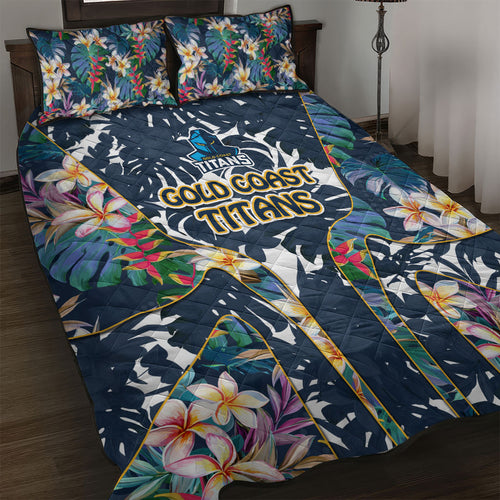 Gold Coast Titans Quilt Bed Set Tropical Hibiscus Floral Pattern With Blue And Yellow Accents