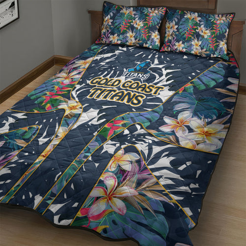 Gold Coast Titans Quilt Bed Set Tropical Hibiscus Floral Pattern With Blue And Yellow Accents
