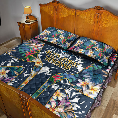 Gold Coast Titans Quilt Bed Set Tropical Hibiscus Floral Pattern With Blue And Yellow Accents