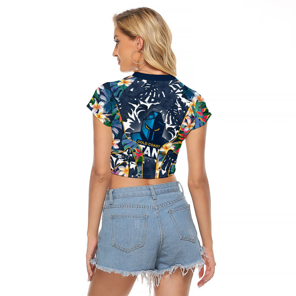 Gold Coast Titans Raglan Cropped T Shirt Tropical Hibiscus Floral Pattern With Blue And Yellow Accents