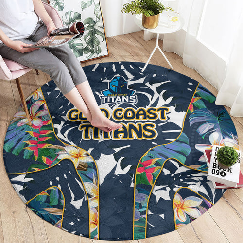 Gold Coast Titans Round Carpet Tropical Hibiscus Floral Pattern With Blue And Yellow Accents