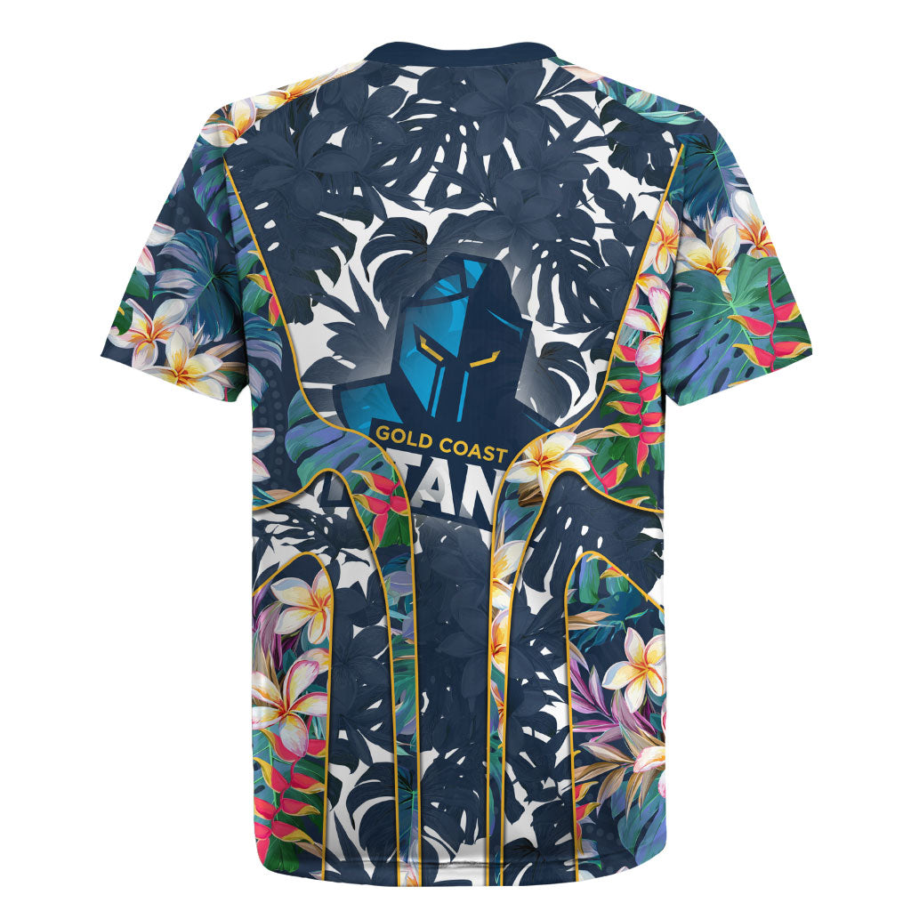 Gold Coast Titans Rugby Jersey Tropical Hibiscus Floral Pattern With Blue And Yellow Accents