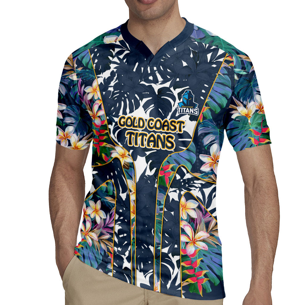 Gold Coast Titans Rugby Jersey Tropical Hibiscus Floral Pattern With Blue And Yellow Accents