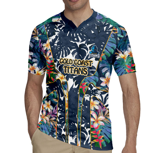 Gold Coast Titans Rugby Jersey Tropical Hibiscus Floral Pattern With Blue And Yellow Accents
