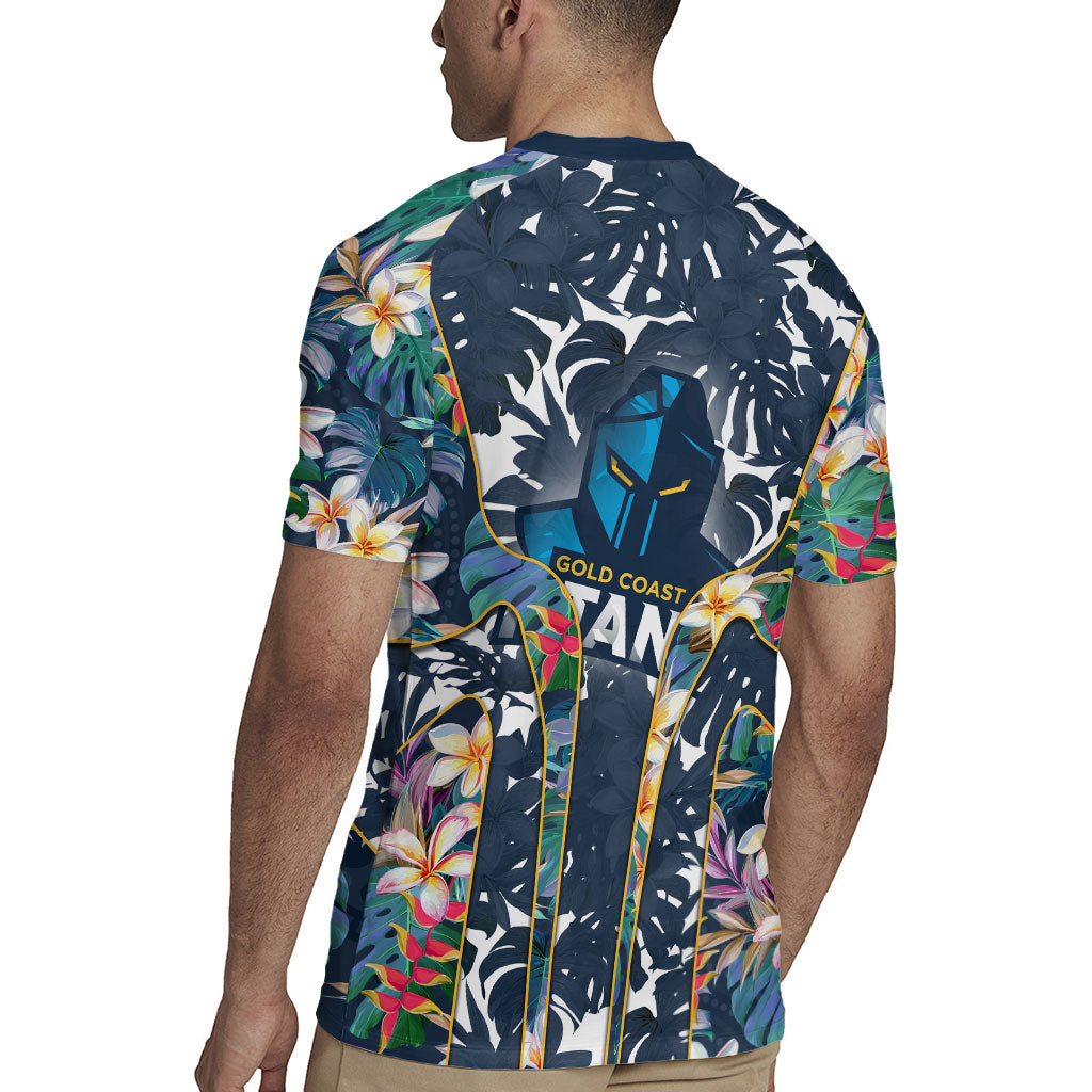 Gold Coast Titans Rugby Jersey Tropical Hibiscus Floral Pattern With Blue And Yellow Accents