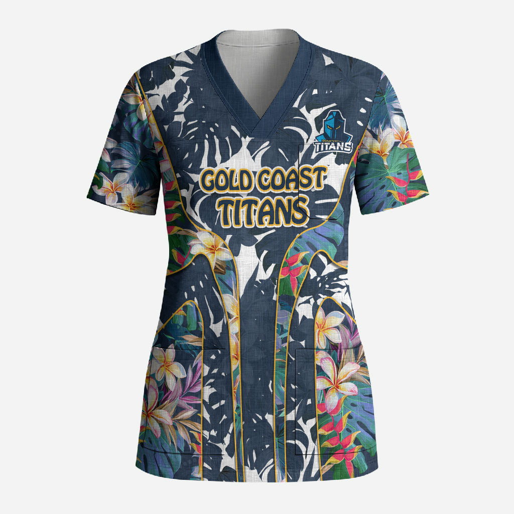 Gold Coast Titans Scrub Top Tropical Hibiscus Floral Pattern With Blue And Yellow Accents